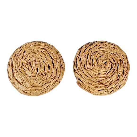 Artisan Coiled Raffia Stud Earrings Tan Beige Boho Lightweight Fashion Statement - Picture 1 of 13